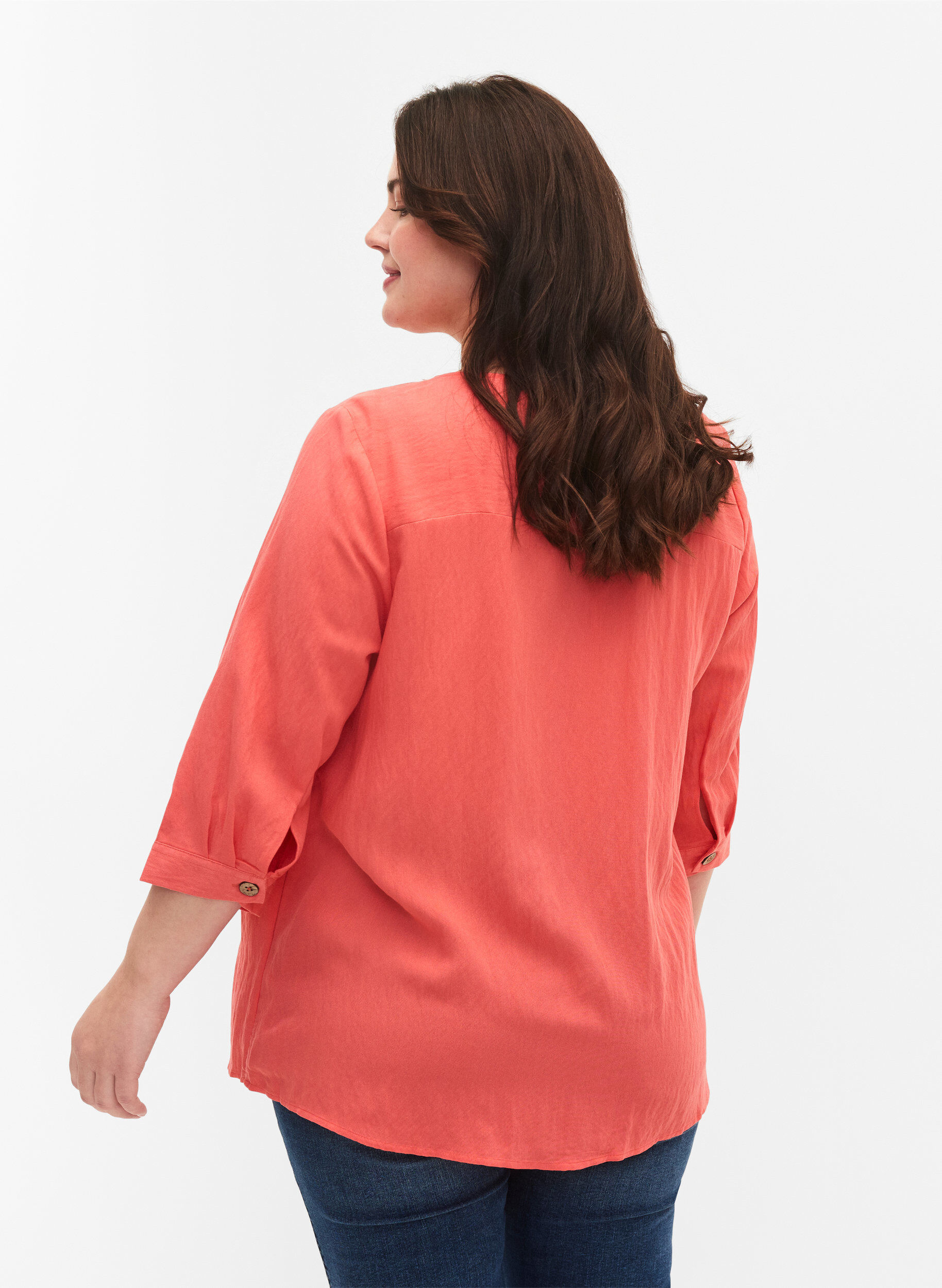Zizzi Viskose bluse med knapper og v-hals, Deep Sea Coral, Model image number 1