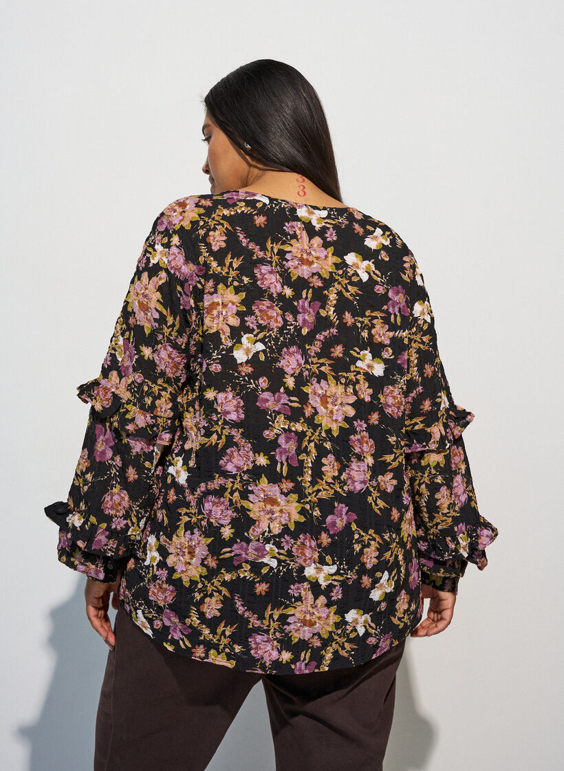 Bluse med blomsterprint og fl&aelig;sedetaljer, Sort, Model image number 2