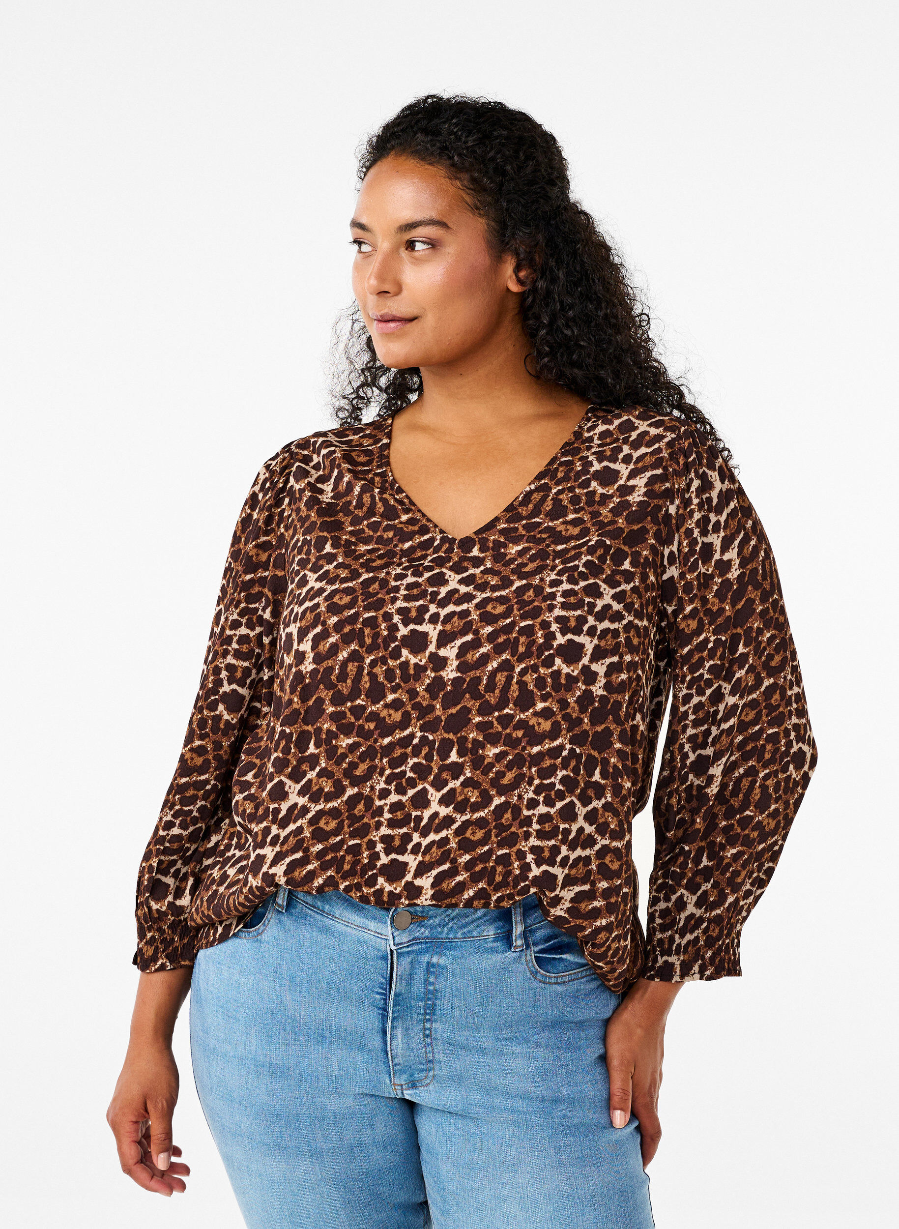 Zizzi Bluse med leopardprint og 3/4 &aelig;rmer, Leo AOP, Model image number 0