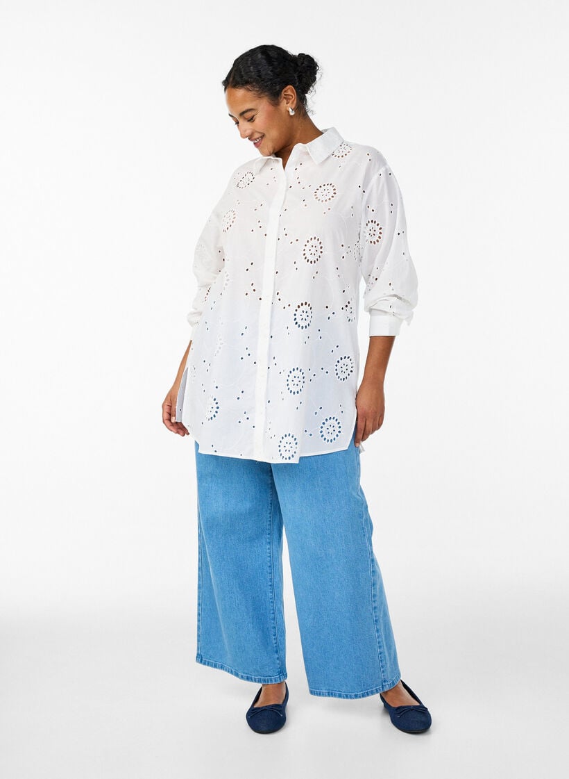 Tunika i bomuld med broderie anglaise, Hvid, Model image number 1
