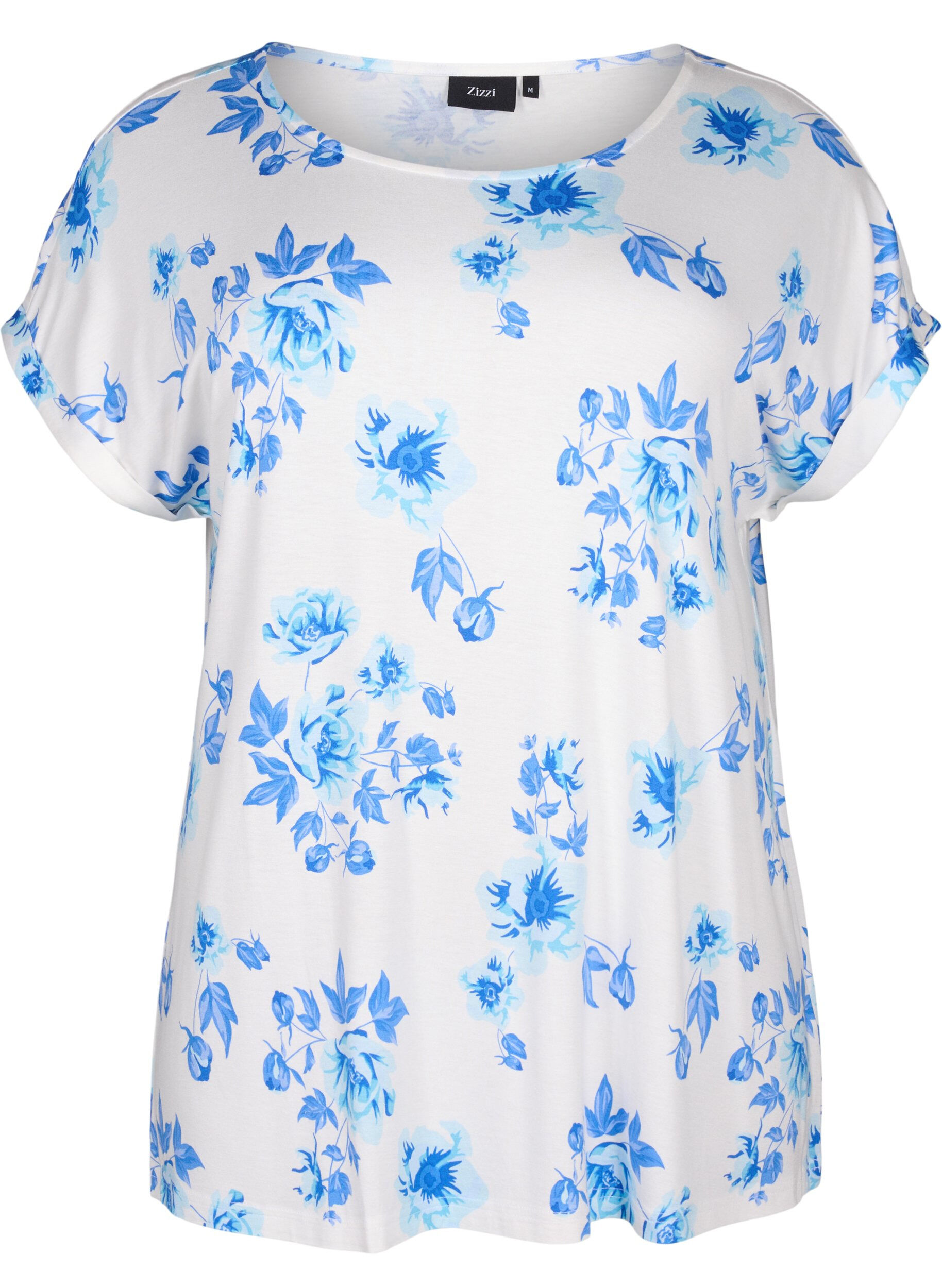 Zizzi Blomstret viskosebluse med korte &aelig;rmer, White Blue AOP, Packshot image number 0