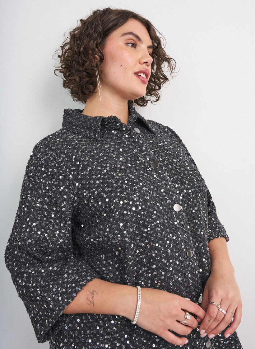 Denimkjole med pailletter og 3/4-&aelig;rmer, Sort, Model image number 3