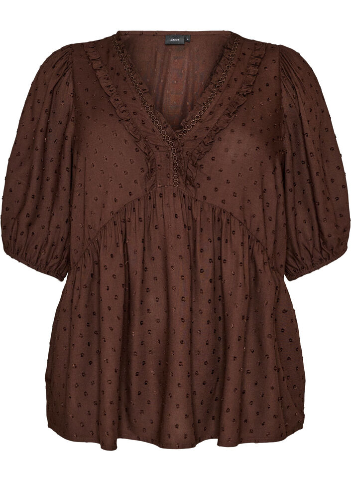 Bluse i viskose med prikket struktur og V-udsk&aelig;ring, Brun, Packshot image number 0
