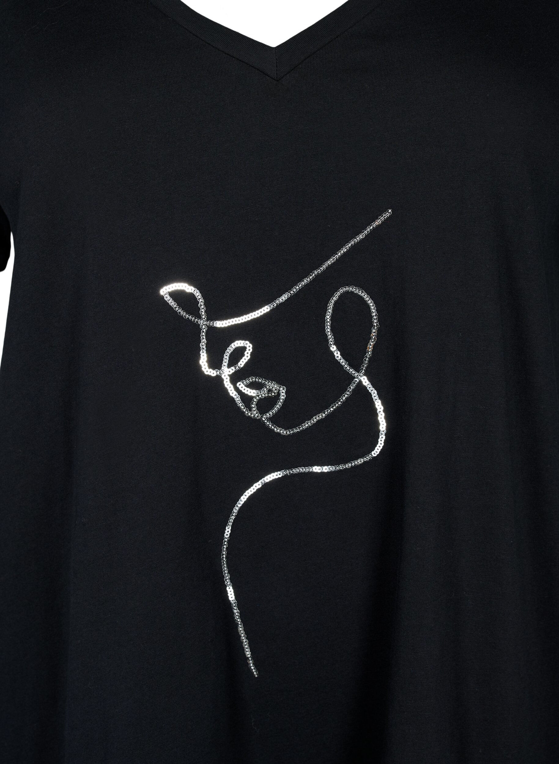 Zizzi Bomulds t-shirt med pailletter, Black W. Face, Packshot image number 2