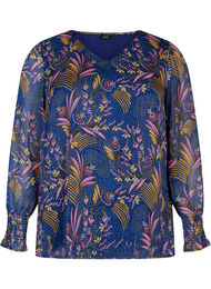 Blomstret bluse med lange ærmer og v-hals, Blue w. Pink Leaf