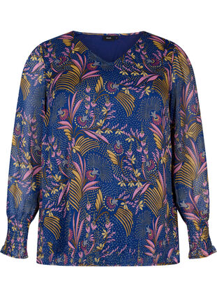 Blomstret bluse med lange ærmer og v-hals, Blue w. Pink Leaf, Packshot image number 0