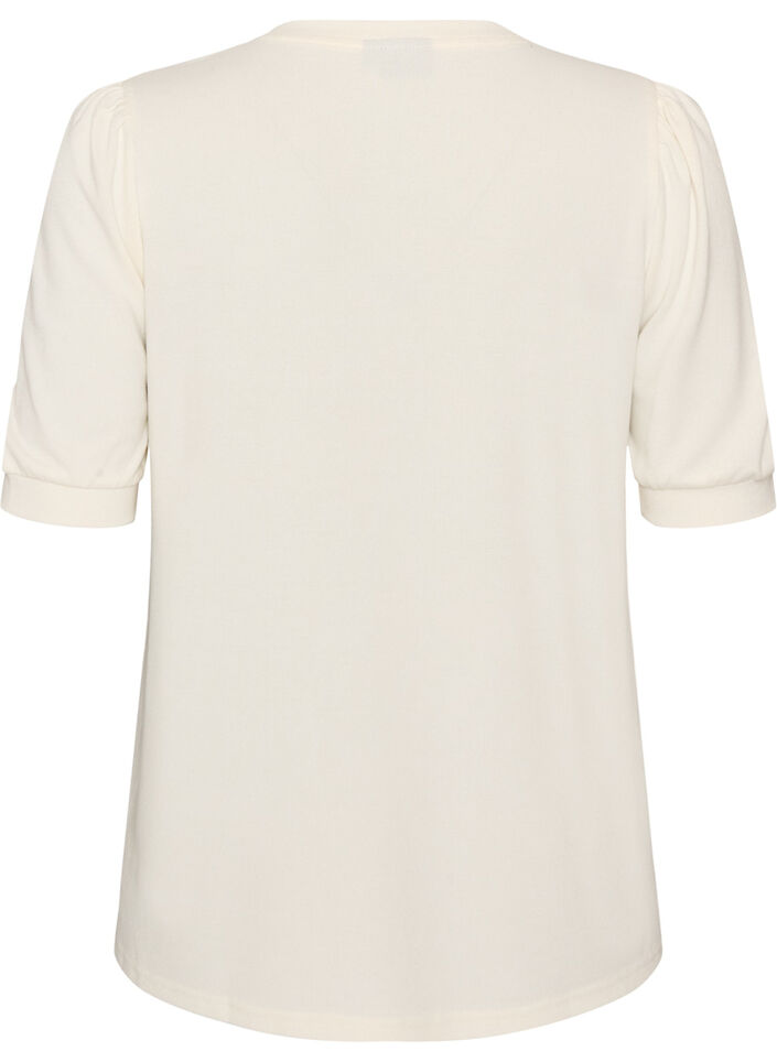 Bluse med knapdetalje og korte puf&aelig;rmer, Beige, Packshot image number 1