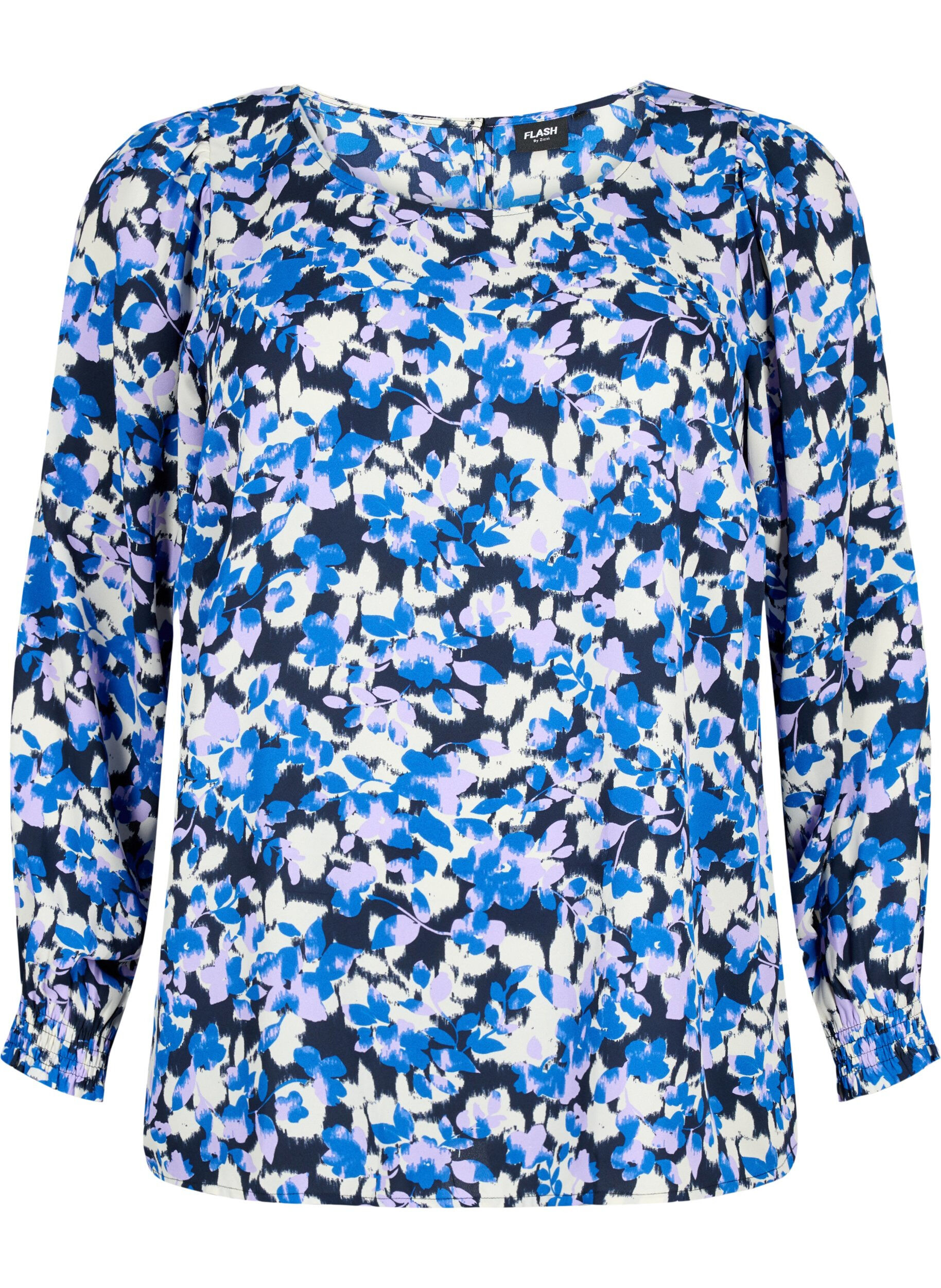 Zizzi FLASH - Lang&aelig;rmet bluse med smock og print, Blue Purple Flower, Packshot image number 0