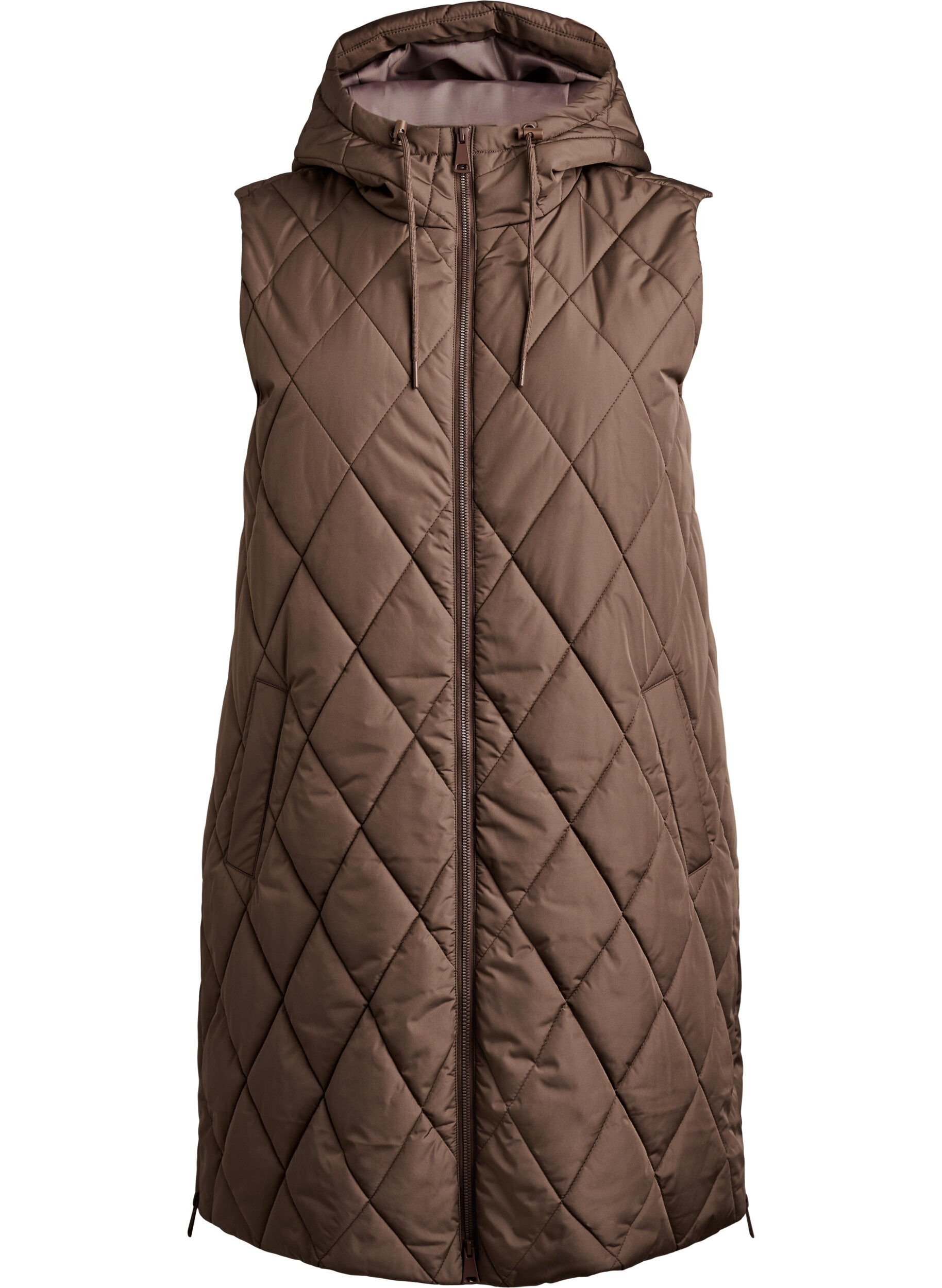 ZizziMellemlang quiltet vest med h&aelig;tte, Brun, Packshot image number 0