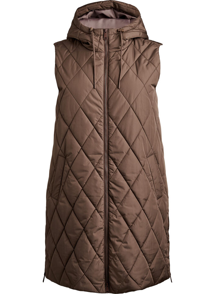 Mellemlang quiltet vest med h&aelig;tte, Brun, Packshot image number 0