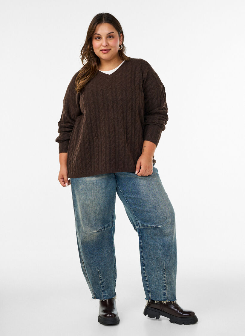 Strikbluse med kabelstrik og V-udsk&aelig;ring, Brun, Model image number 1