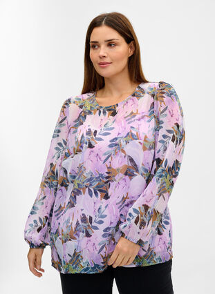 Printet bluse med lange ærmer, Orchid Bouquet AOP, Model image number 0