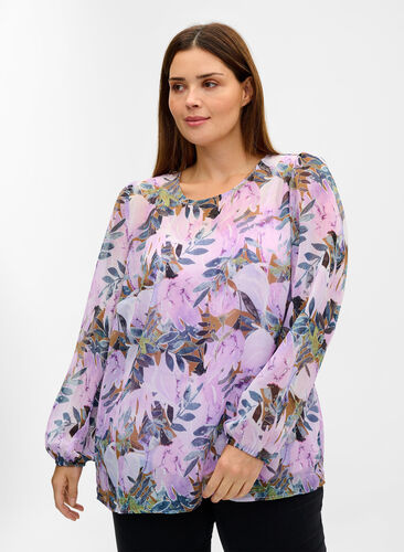 Printet bluse med lange ærmer, Orchid Bouquet AOP, Model image number 0