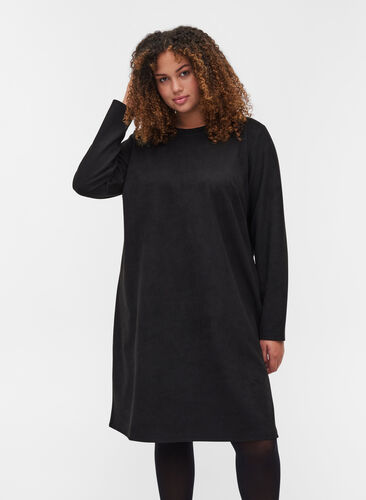 Ensfarvet kjole med rund halsudskæring, Black, Model image number 0