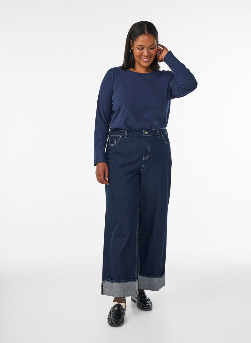 Basis jerseybluse med lange &aelig;rmer, Bl&aring;, Model image number 1