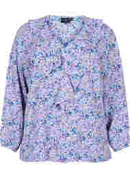 Printet bluse med flæser, Purple Ditzy Flower