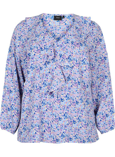 Printet bluse med flæser, Purple Ditzy Flower, Packshot image number 0