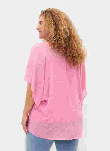 Printet bluse med bindesnøre og korte ærmer, Pink Ditzy Flower, Model image number 1