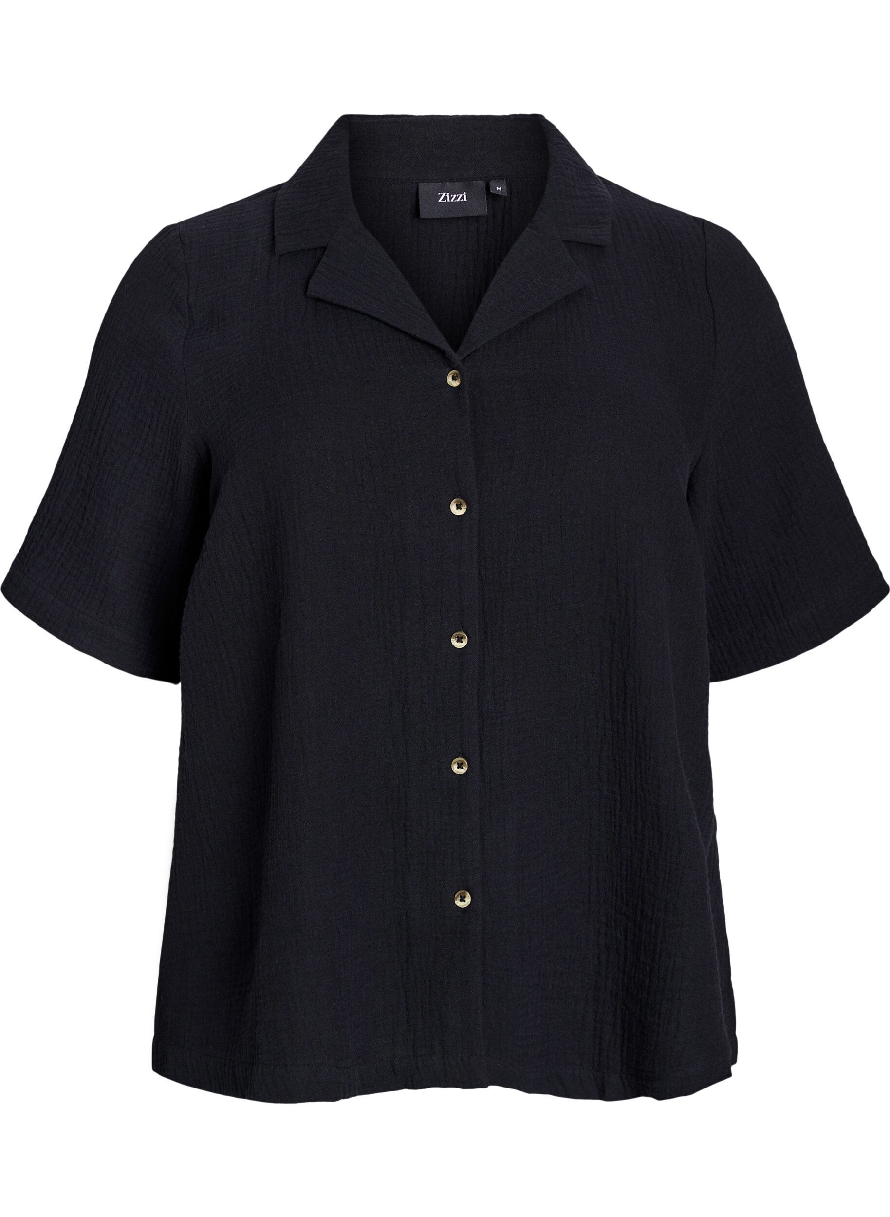 Zizzi Kort&aelig;rmet skjorte i bomuldsmusselin, Sort, Packshot image number 0