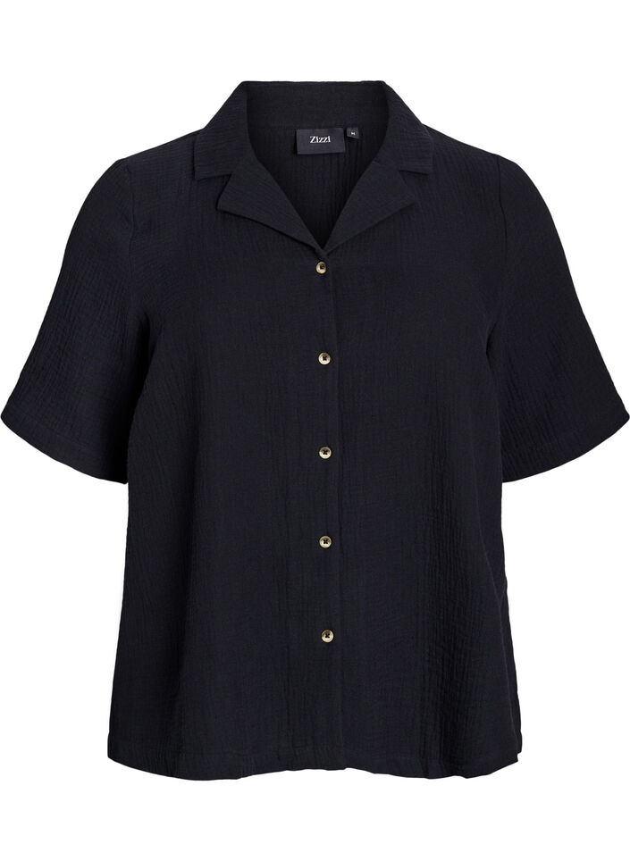 Kortærmet skjorte i bomuldsmusselin, Sort, Packshot image number 0