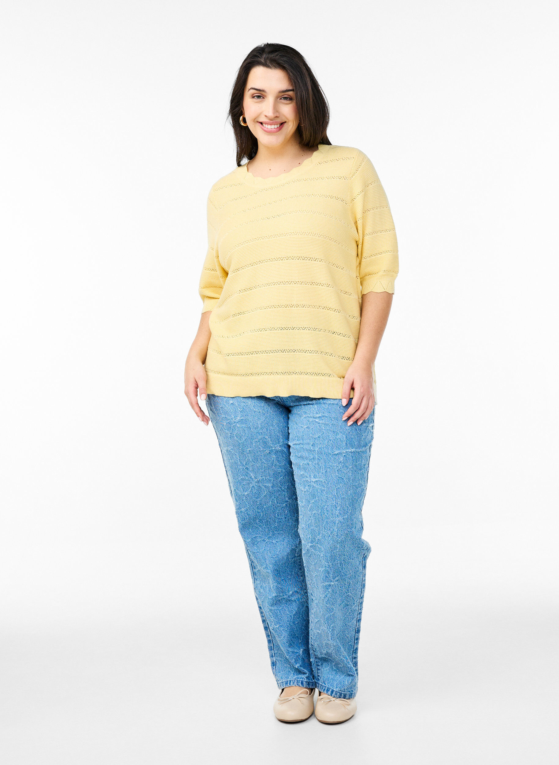 Zizzi Strikbluse med stribet hulm&oslash;nster og korte &aelig;rmer, Gul, Model image number 1