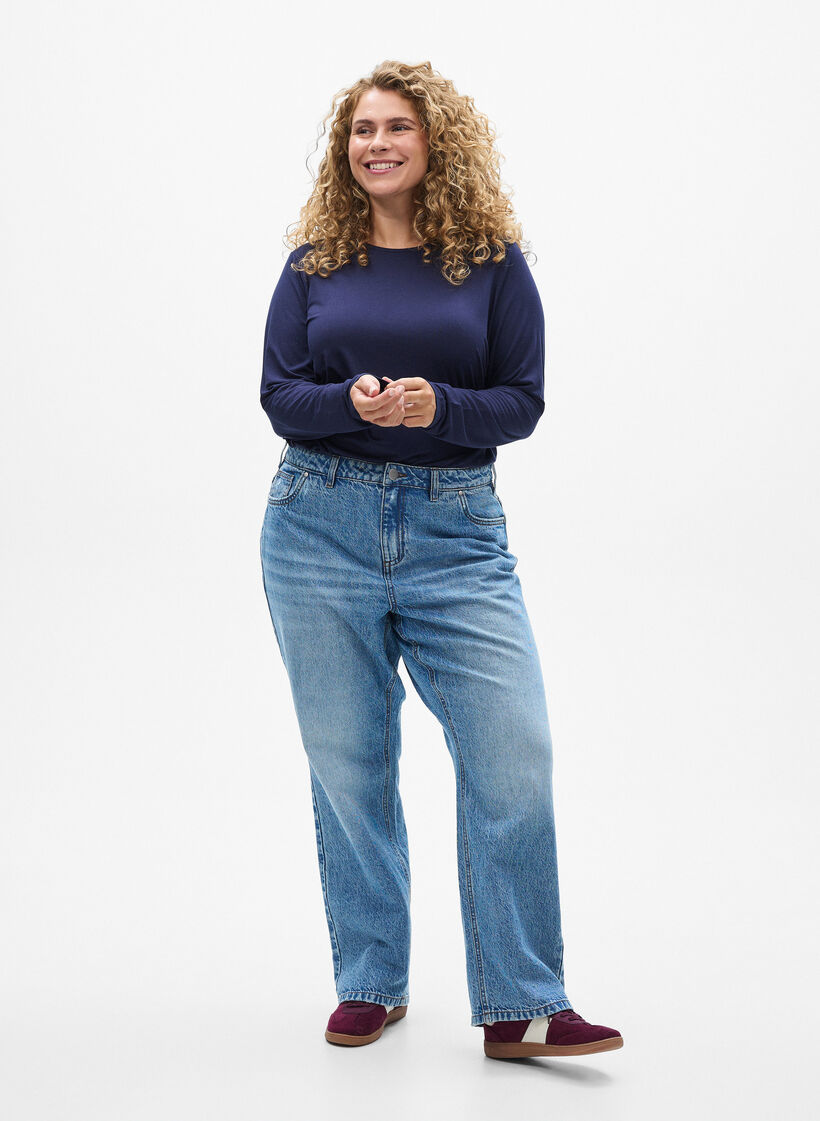 Ensfarvet bluse med lange &aelig;rmer, Bl&aring;, Model image number 1