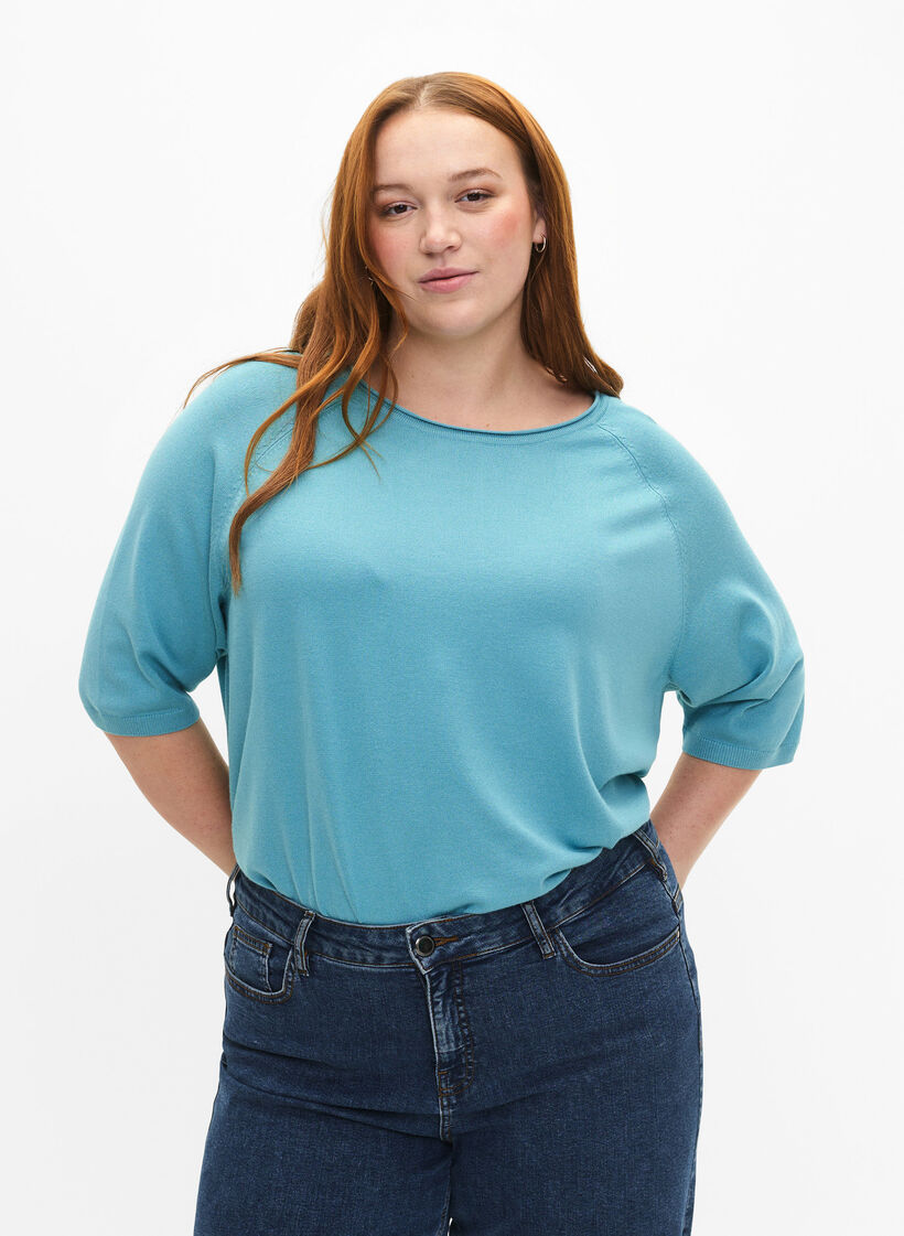 Viskose strikbluse med 3/4 ærmer, Reef Waters, Model image number 0