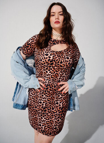Tætsiddende leoprintet kjole med cut-out, Leopard AOP, Image image number 0