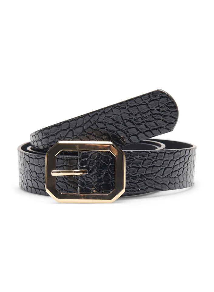 Imiteret læderbælte med croco mønster, Black w. Gold Buckle, Packshot image number 0