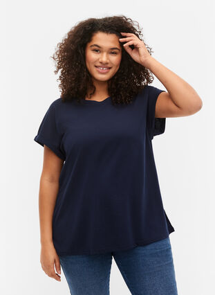 Kortærmet t-shirt i bomuldsblanding - Blå - Str. 42-60 - Zizzi
