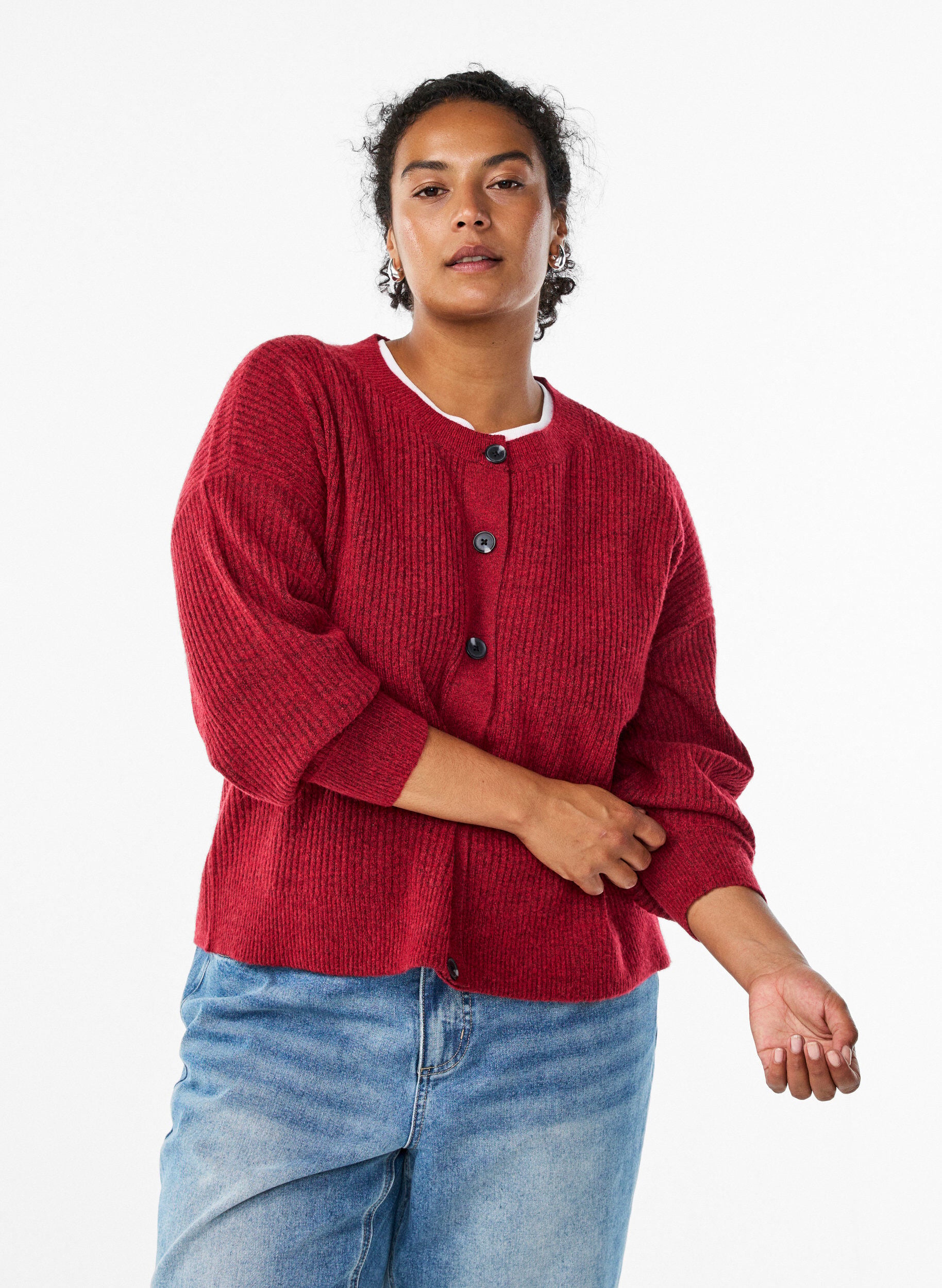 ZizziRibstrikket cardigan med knapper, R&oslash;d, Model image number 0