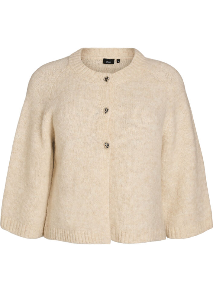 Cardigan i uldblanding med 3/4-&aelig;rmer, Beige, Packshot image number 0