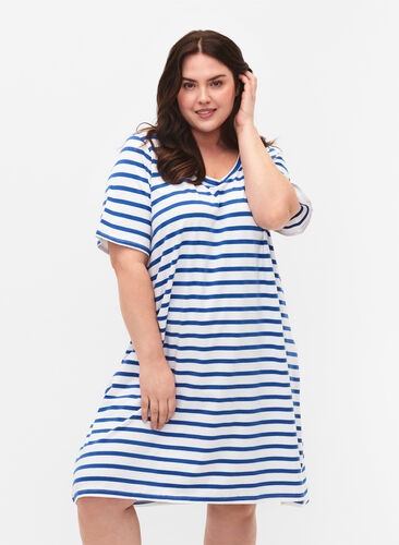 Stribet jerseykjole med korte ærmer, Blue Stripes, Model image number 0