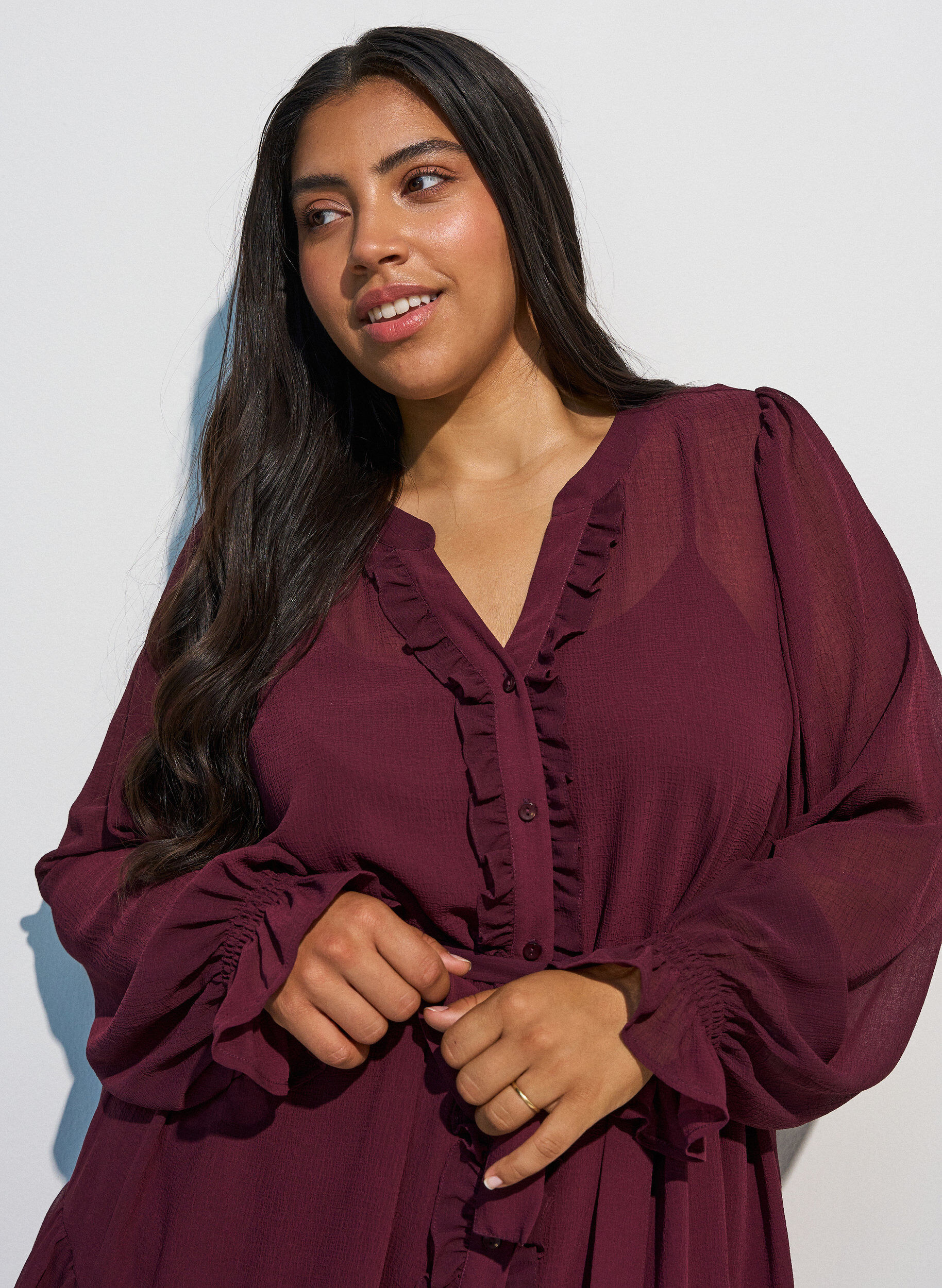 ZizziKjole i let v&aelig;vet kvalitet med fl&aelig;ser og bindeb&aring;nd, R&oslash;d, Model image number 3
