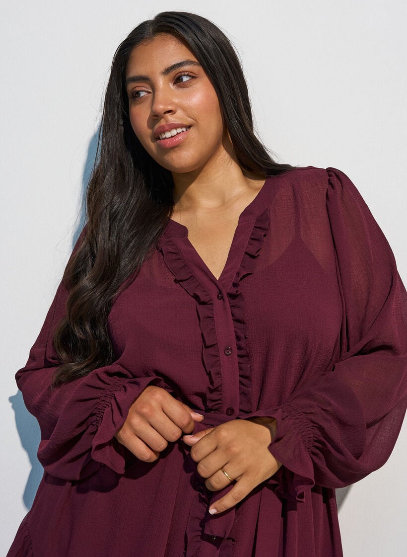 Kjole i let v&aelig;vet kvalitet med fl&aelig;ser og bindeb&aring;nd, R&oslash;d, Model image number 3