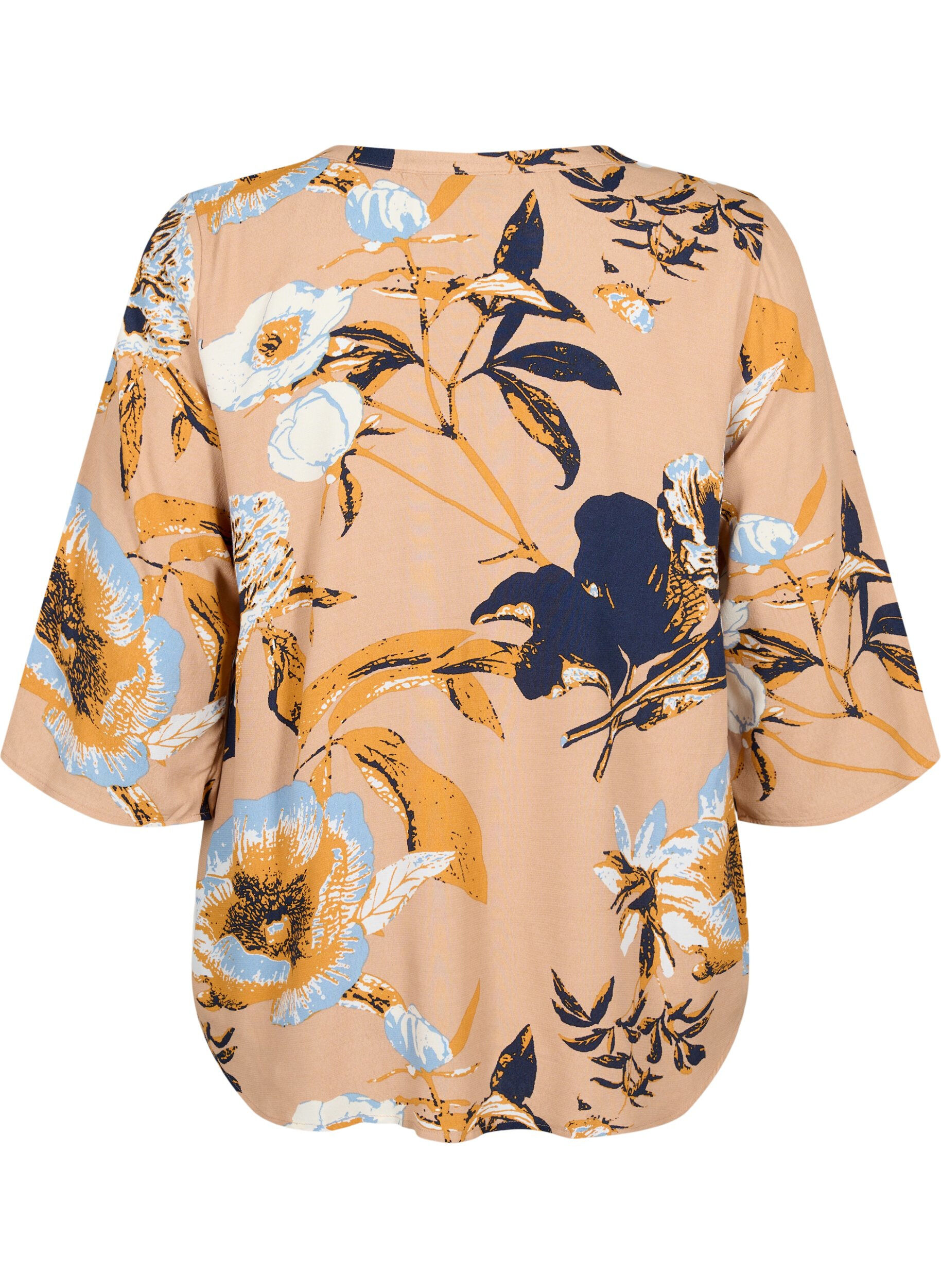 Zizzi Bluse i viskose med 3/4 &aelig;rmer, Blue Flower AOP, Packshot image number 1