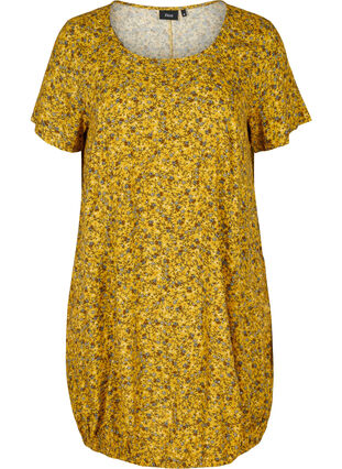 Kortærmet viskose kjole med print, Yellow Ditsy Flower, Packshot image number 0