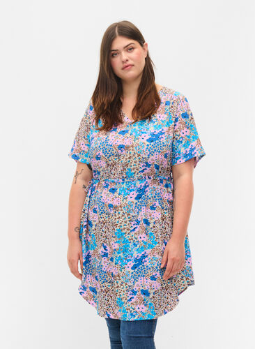 Mønstret kjole med snøredetaljer, Blue Rose Flower, Model image number 0