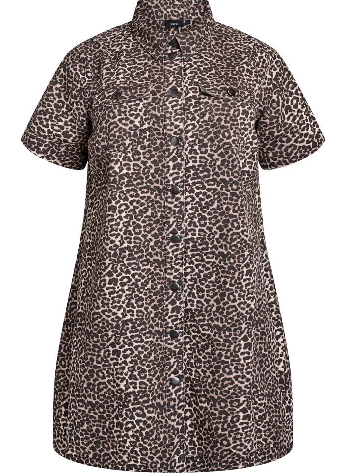 Denim skjortekjole med leopardprint, Brun, Packshot image number 0