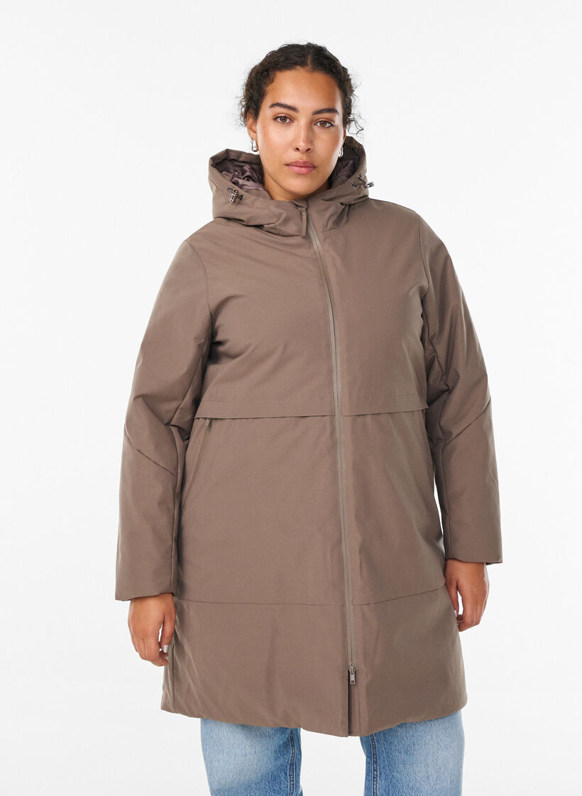 Vinterjakke med justerbar talje, Brun, Model image number 0