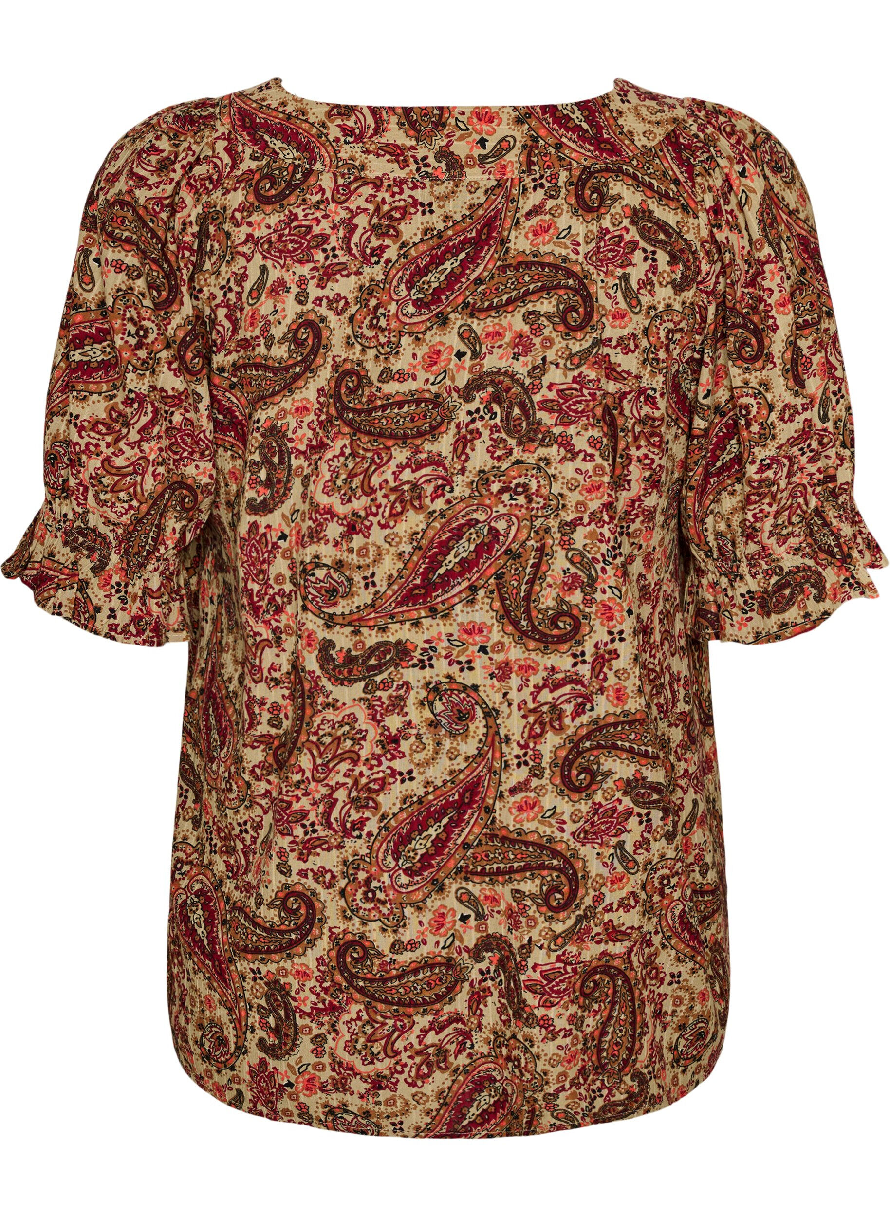 ZizziViskosebluse med paisleyprint og firkantet udsk&aelig;ring, Brun, Packshot image number 1