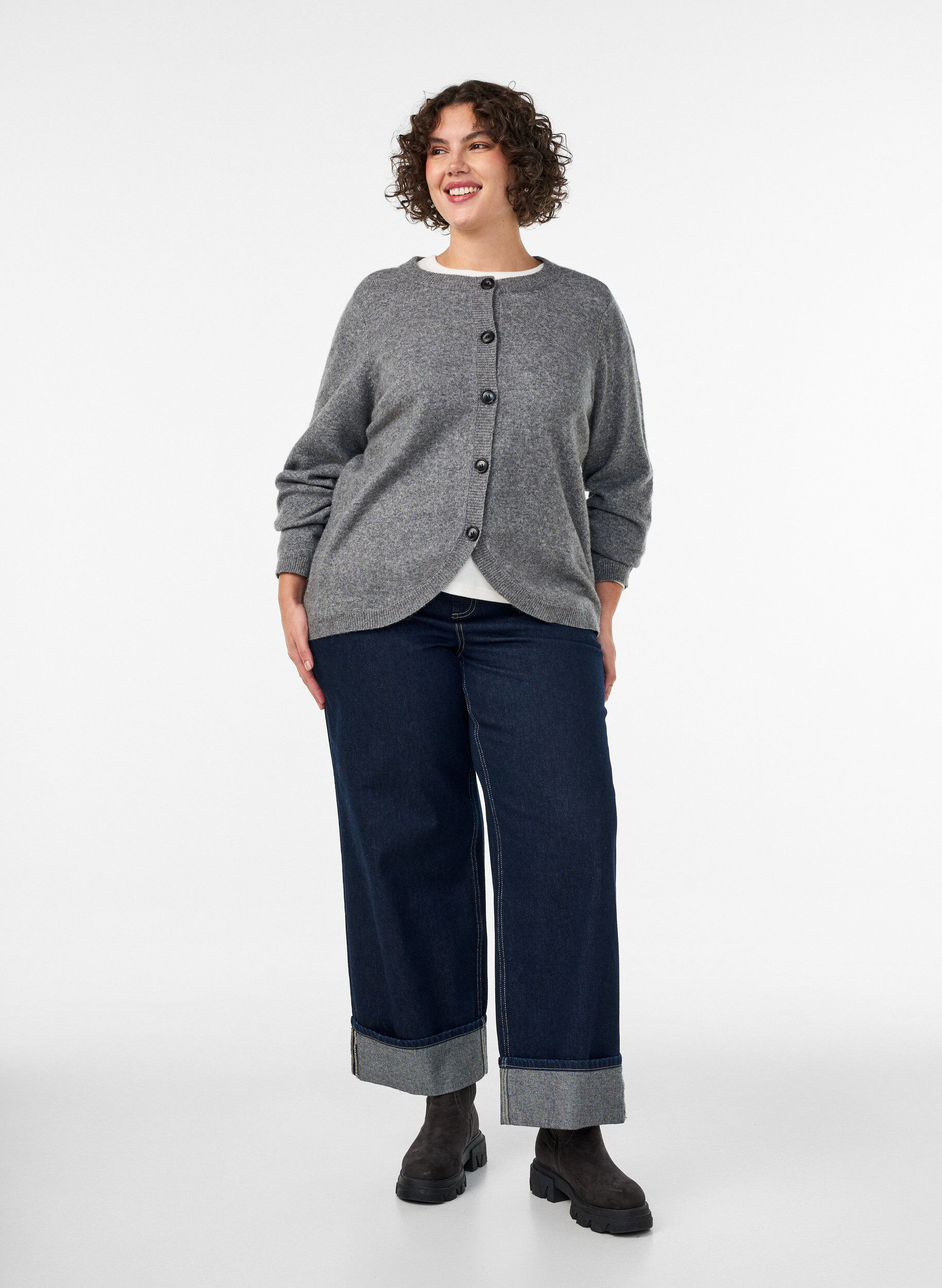 ZizziCardigan med knapper og afrundet front, Gr&aring;, Model image number 1