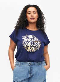 T-shirt i økologisk bomuld med guldtryk, Med.Blue Gold Flower, Model