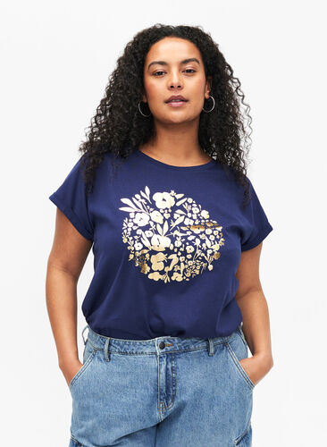 T-shirt i økologisk bomuld med guldtryk, Med.Blue Gold Flower, Model image number 0