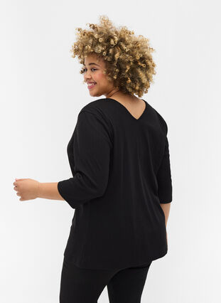 Bluse med 3/4 ærmer og blondedetaljer, Black, Model image number 1