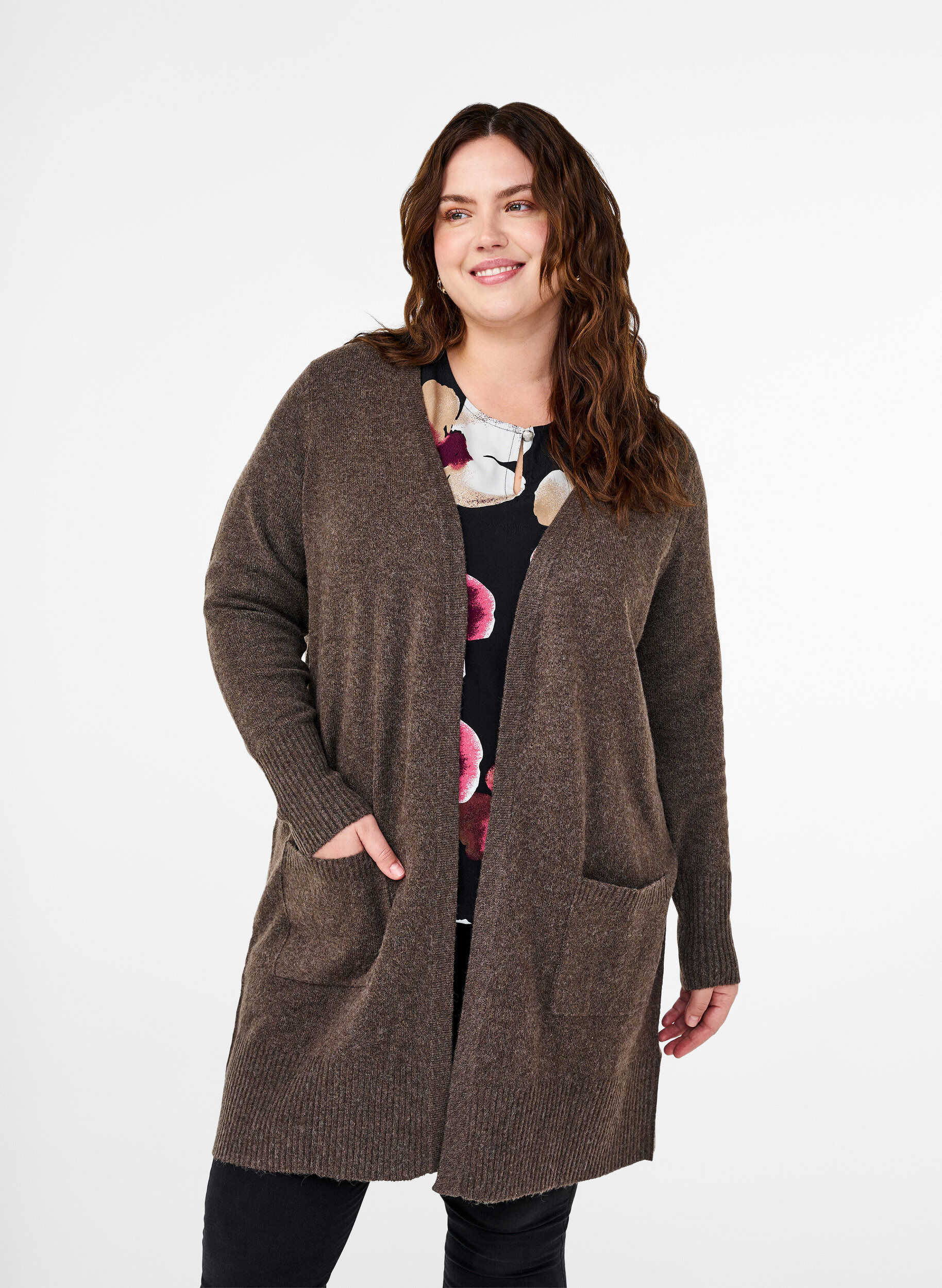 Zizzi Meleret strik cardigan med lommer, Brun, Model image number 0
