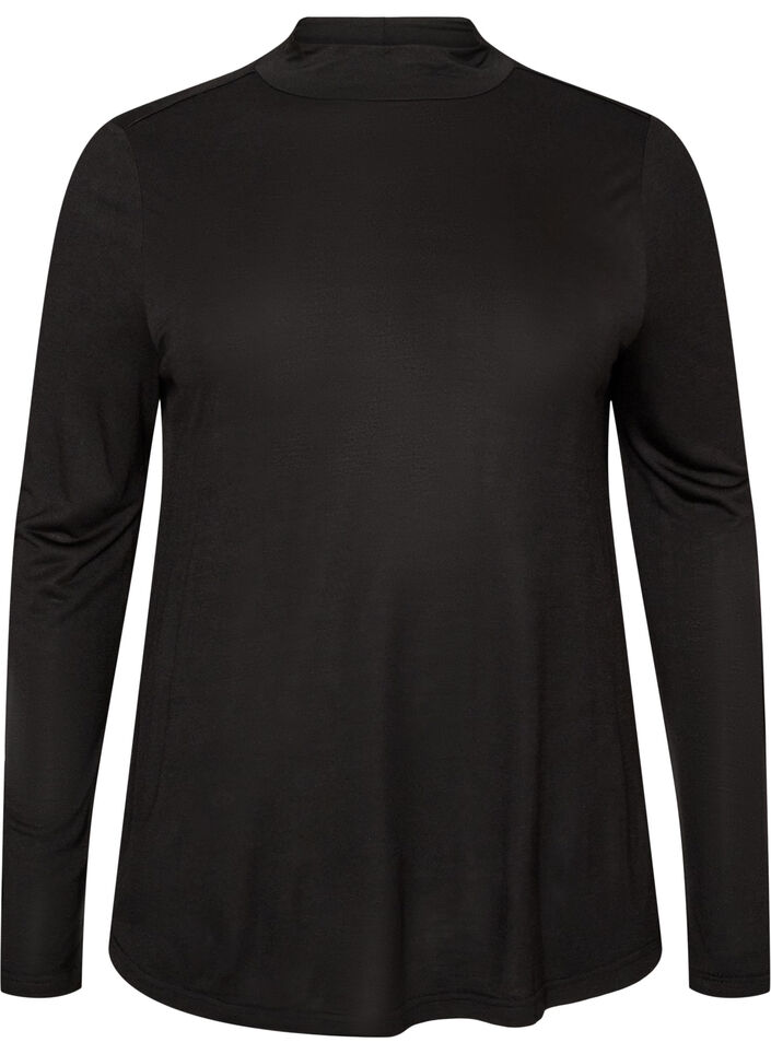 Bluse i viskosejersey med halvh&oslash;j hals, Sort, Packshot image number 0