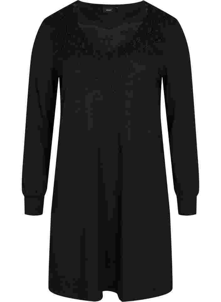 Langærmet kjole med blondedetaljer, Black, Packshot image number 0