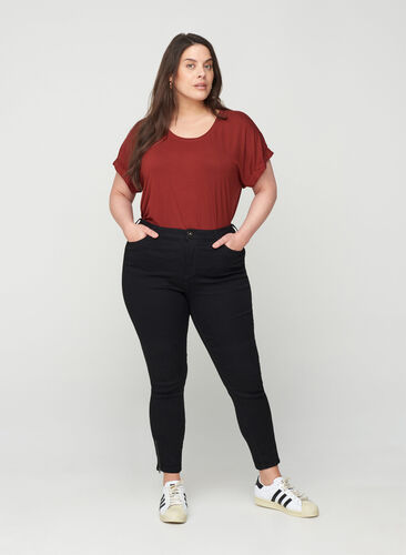 Cropped Amy jeans med høj talje og lynlås, Black, Model image number 0