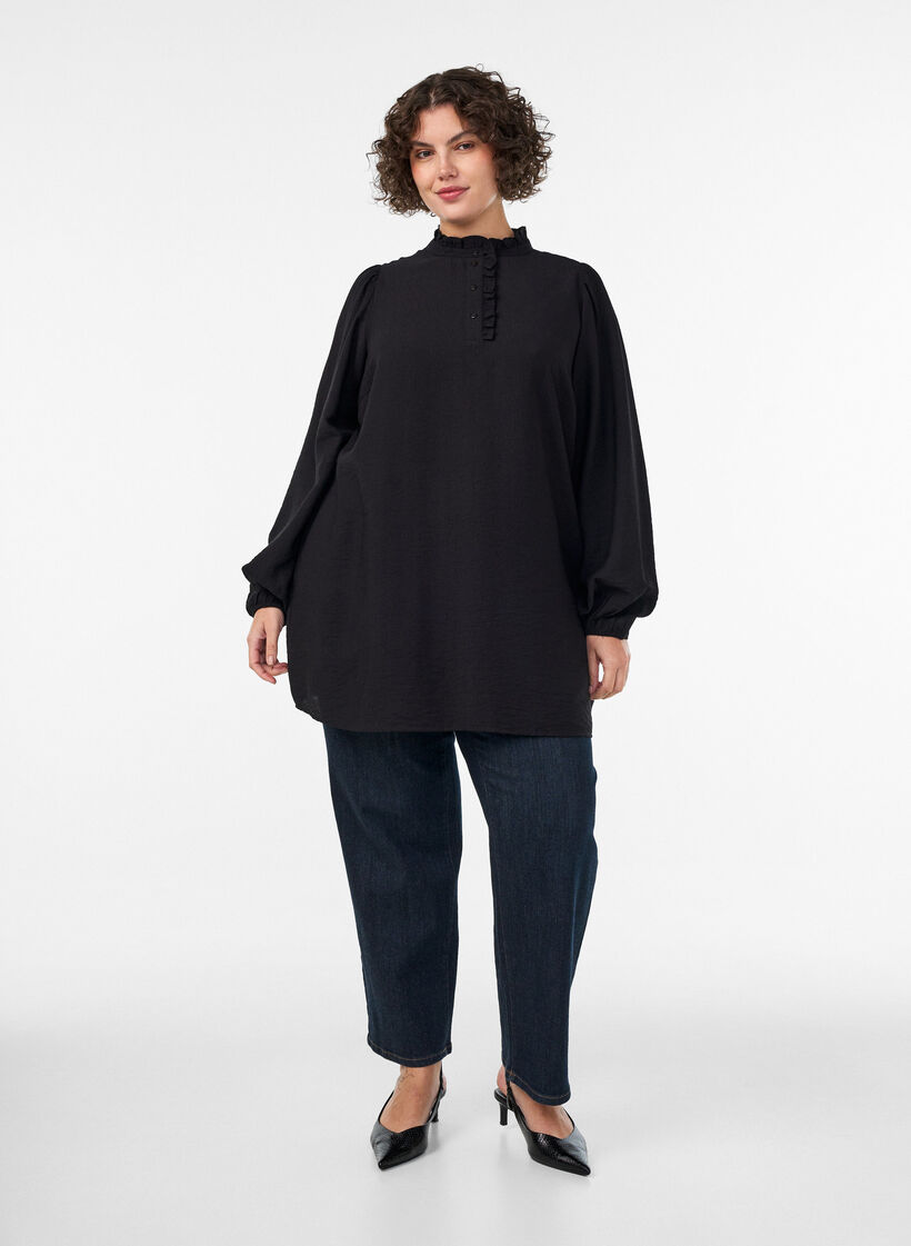 Viskosetunika med fl&aelig;ser og knapper, Sort, Model image number 1